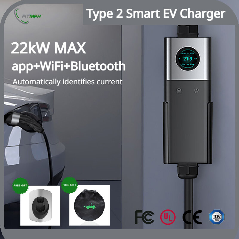 FITMPH pengisi daya EV tipe 2 Smart, 22kW MAX, app, WiFi, Bluetooth, kompatibel dengan semua IEC 62196-2 EV, arus identifikasi otomatis