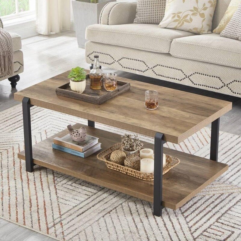 Industrial Coffee Table with Shelf, Wood and Metal Rustic Cocktail Table for Living Room
