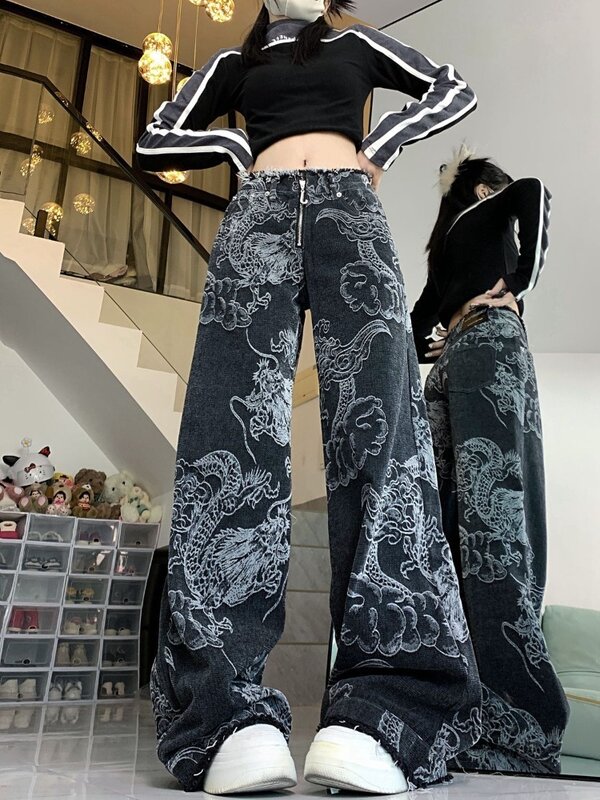 Jeans bordados dragão casual americano para feminino, calças retas de pernas largas, finas, grafite, popular, moda de rua alta, nova, Y2K