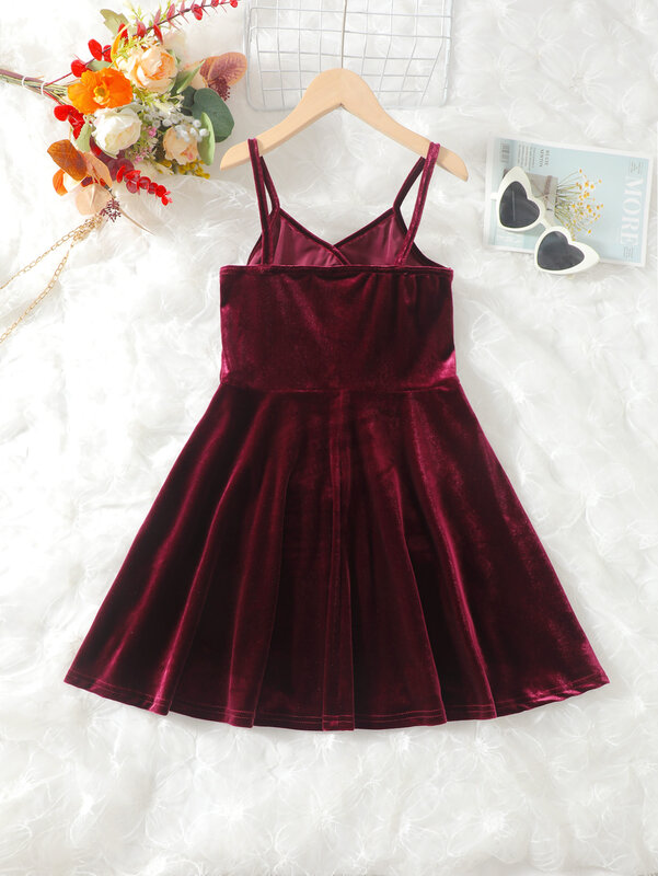 Girls' Fashionable Temperament Wine Red Suspender Dress Suitable For Autumn And Winter