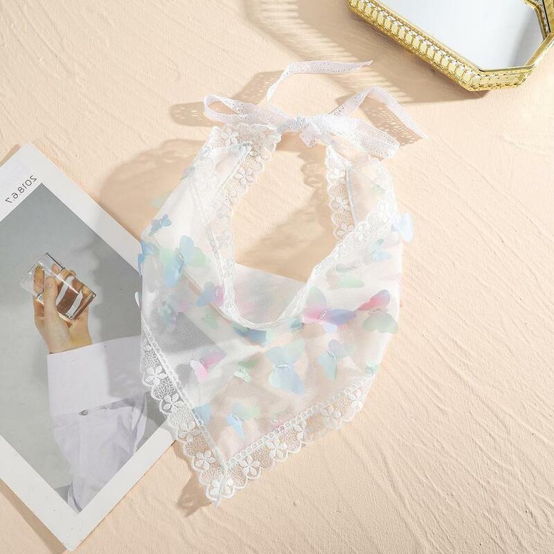 Embroidered Flower Lace Triangle Scarf Small Shawl Crochet Neck Scarf Solid Color Head Scarf Headwraps Bandana Hijab Neckerchief