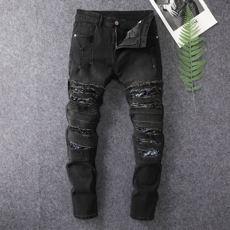 2024 fashion trend jeans strappati per moto da uomo slim fit piedi piccoli Street pantaloni lunghi in denim casual lavato retrò