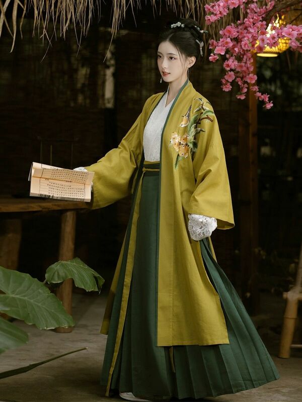 Gaun Hanfu Cina gaun Cosplay wanita tradisional Vintage Hanfu kostum Dinasti Lagu Hijau & kuning gaun Hanfu ukuran Plus XL