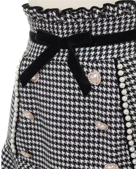 Falda corta de terciopelo con lazo de pata de gallo para mujer, faldas de cola de pez delgadas de cintura alta para mujer, otoño e invierno, 2023