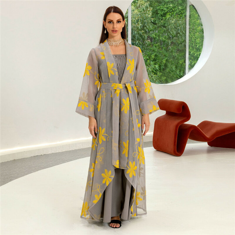Dubai Women Mesh Embroidery Matching Set Kimono Abaya Strap Dress 2 Pieces Set Muslim Islamic Kaftan Eid Ramadan Jalabiya Robe