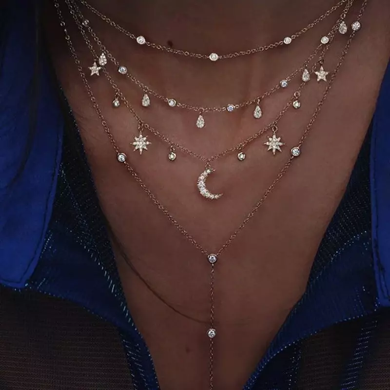 Многоэлементное ожерелье с кристаллами в стиле бохо для женщин, модное золотое ожерелье, винтажное многослойное ожерелье, ювелирные издели...