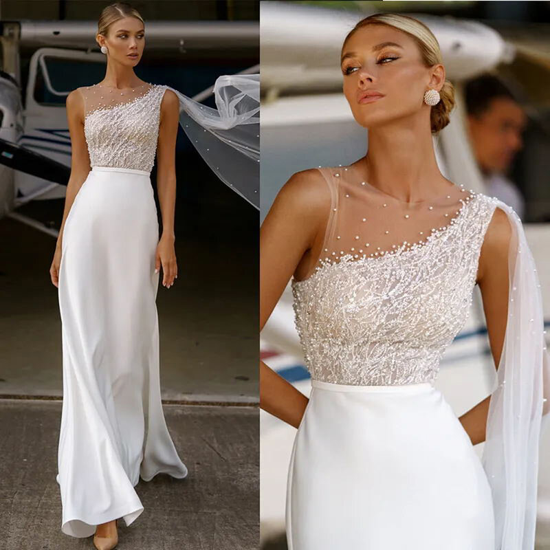 ชุดเดรสแต่งงานผ้าชีฟองสดใสสำหรับผู้หญิงชุดเดรสลูกไม้พิมพ์ลายชุดเจ้าสาวทรงเอไลน์แขนกุดเซ็กซี่ชุดเดรส Elegante Blanco nova