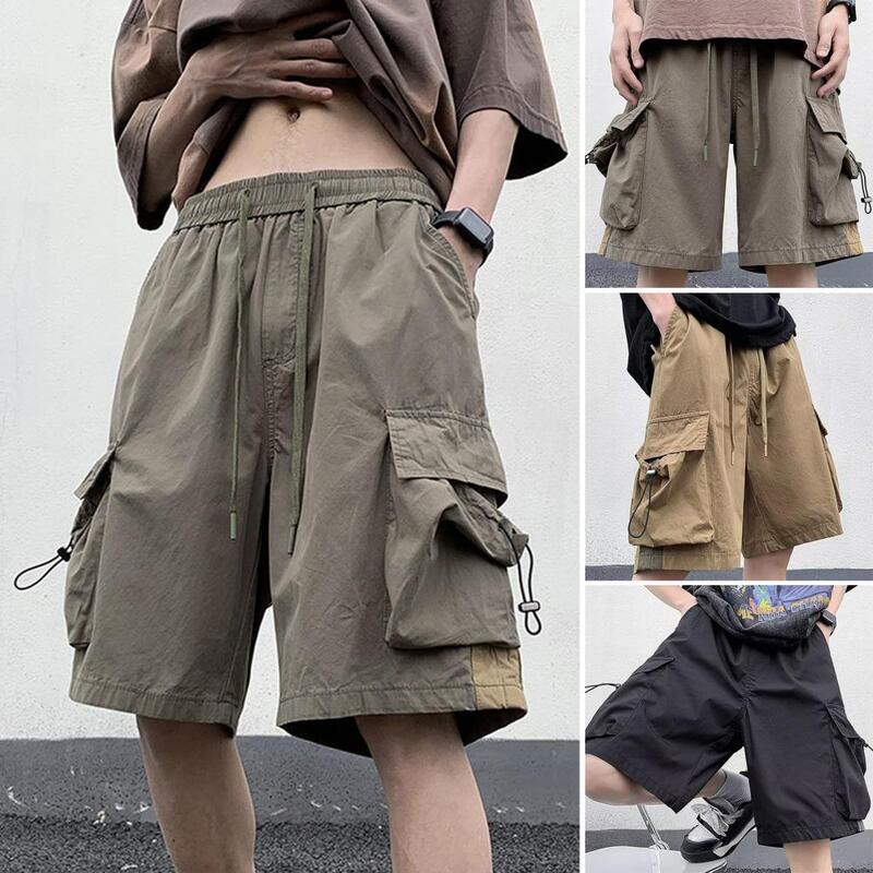 Men Cargo Shorts Men's Mid-rise Elastic Waist Cargo Shorts with Adjustable Drawstring Streetwear with Multi Pockets Wide Leg