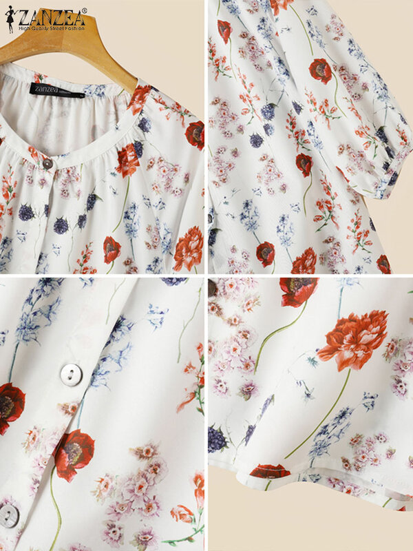 ZANZEA damskie jesienne wygodna bluzka damskie bluzki z 3/4 rękawami w stylu Vintage luźna moda rękaw z lampionami na wakacje w kwiatowy wzór bluza tunika