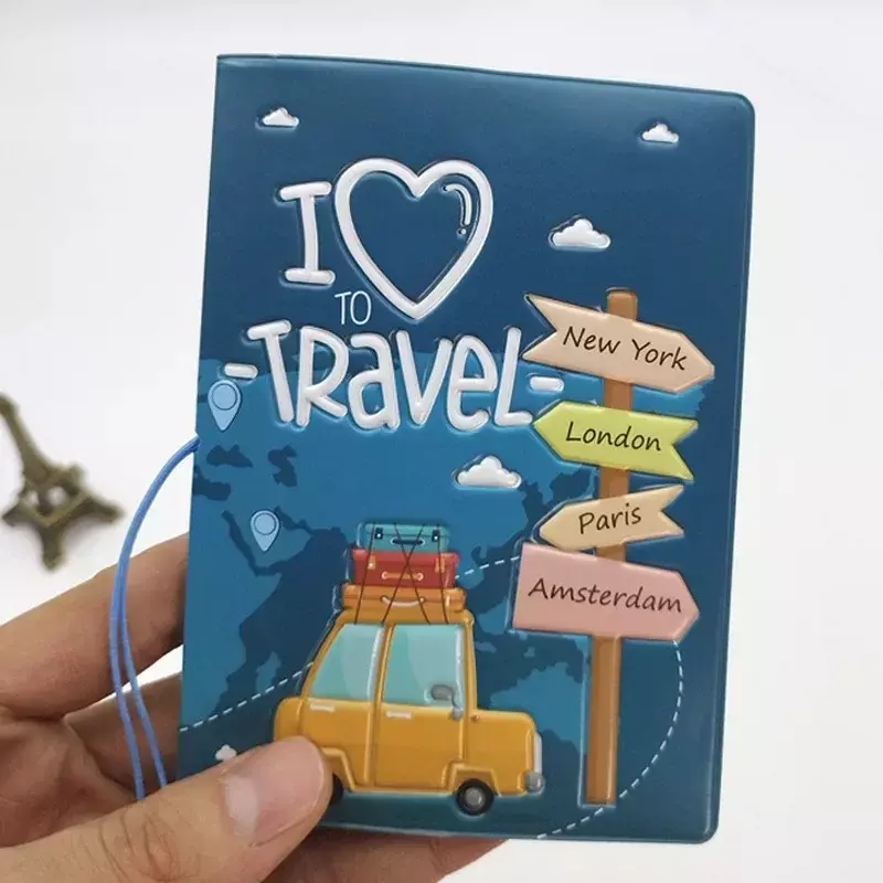 PU Leather Travel Passport Holder Case, Titulares de Cartão de Identificação, Moda Embarque Portátil Cute Cartoon Passport Cover, Homens e Mulheres, 14x10cm