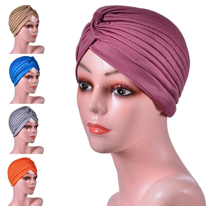 Turbante con nudo retorcido para mujer, gorro elástico musulmán, bufanda suave de Color puro para la cabeza, gorro de quimio para el cáncer, accesorios de ropa
