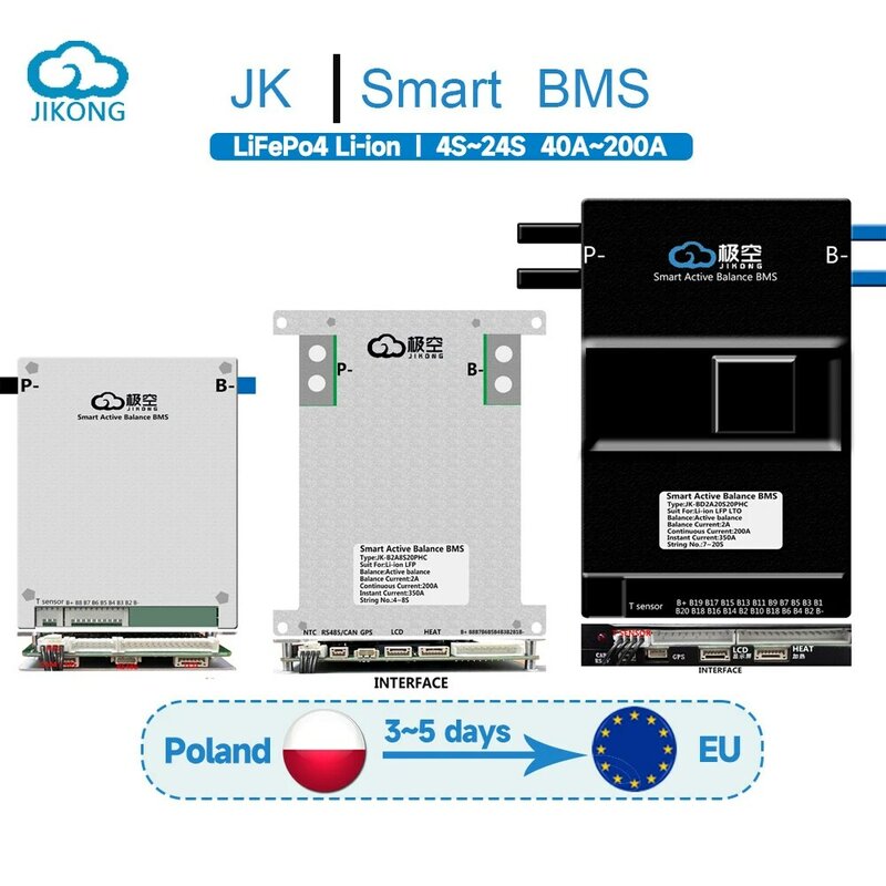 JK BMS 0.4A~2A Active Balance 4S~24S LiFePo4 Li-ion LTO Battery 40A~200A Current BT RS485 CAN JIKONG Smart BMS Poland Warehouse