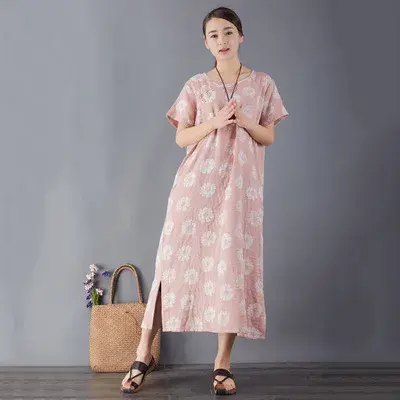 Женское Двухслойное Хлопковое трикотажное платье с хризантемами
