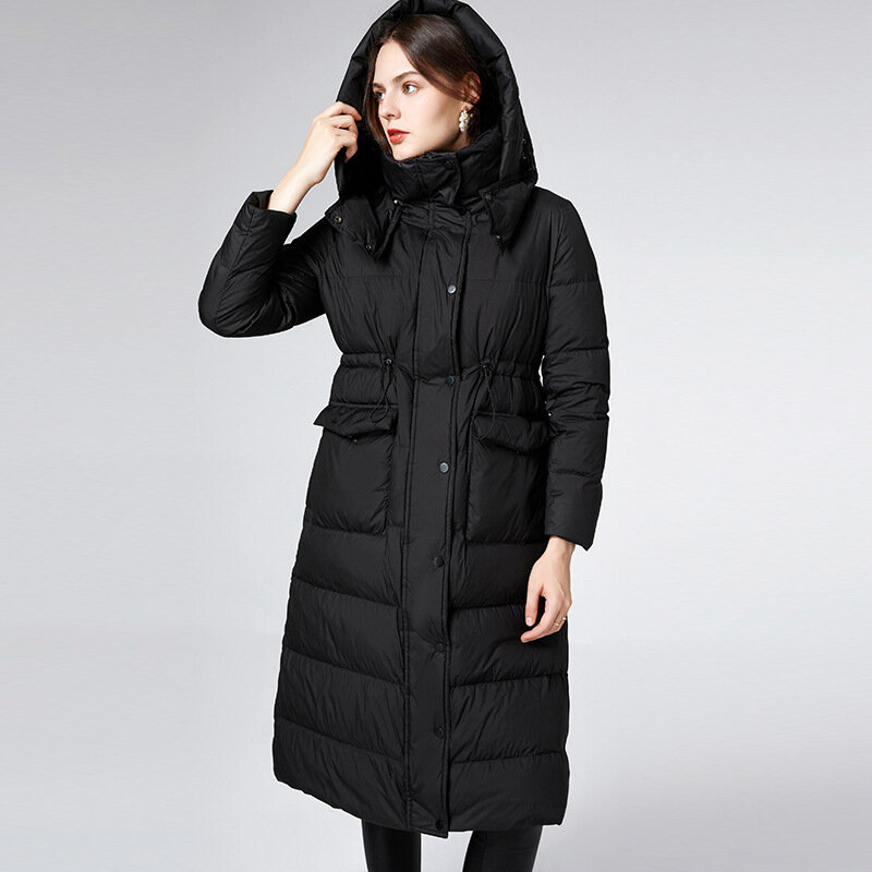 Sudaderas cálidas con capucha para mujer, abrigos de plumón de pato blanco de alta calidad, largos abrigos negros a prueba de viento, invierno, 2023