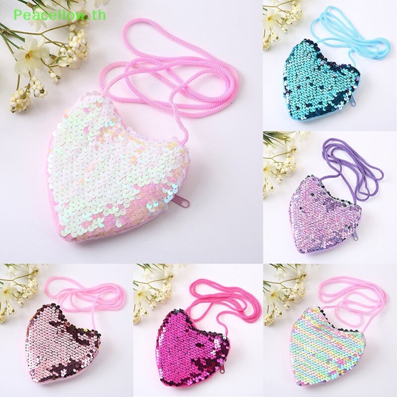 Mini bonito coração forma moeda bolsa para crianças, brilhante bolsa de ombro, decorativa lantejoula sacola, nova