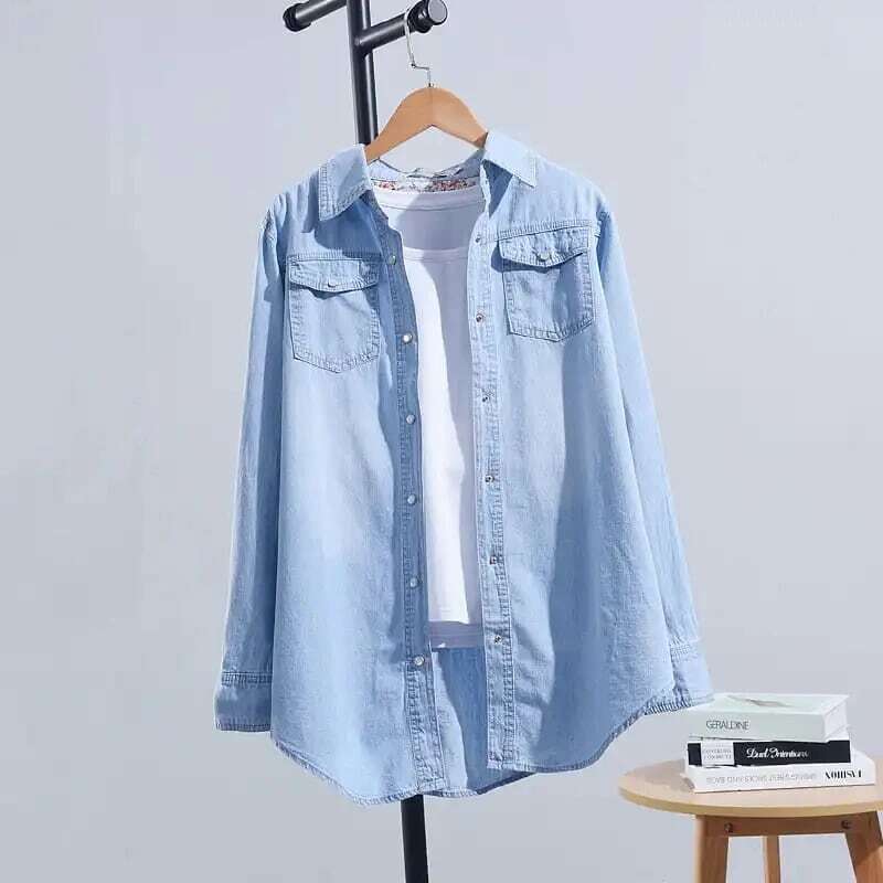 Casual Wash Blue Denim Shirts Women Basic Single-Breasted Jeans Blouses 2023 Spring Tops Loose Fashion Lapel Cowboy Blusas