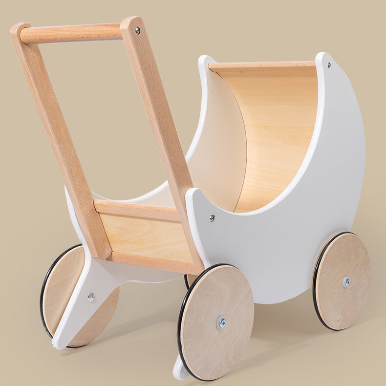 Cochecito de madera nórdico para niños, juguete de Andador de empuje manual, Luna blanca, nuevo