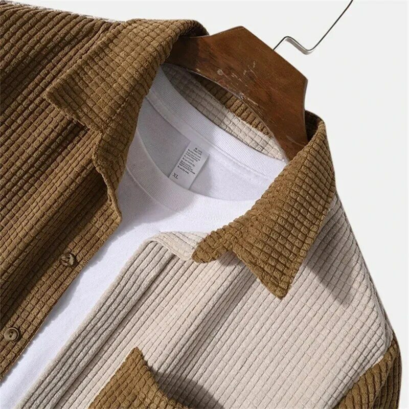 Conjunto casual de camisa e shorts de botão solto masculino, roupa com gola lapela, costura, veludo cotelê, manga curta, 2 peças, verão, 2022