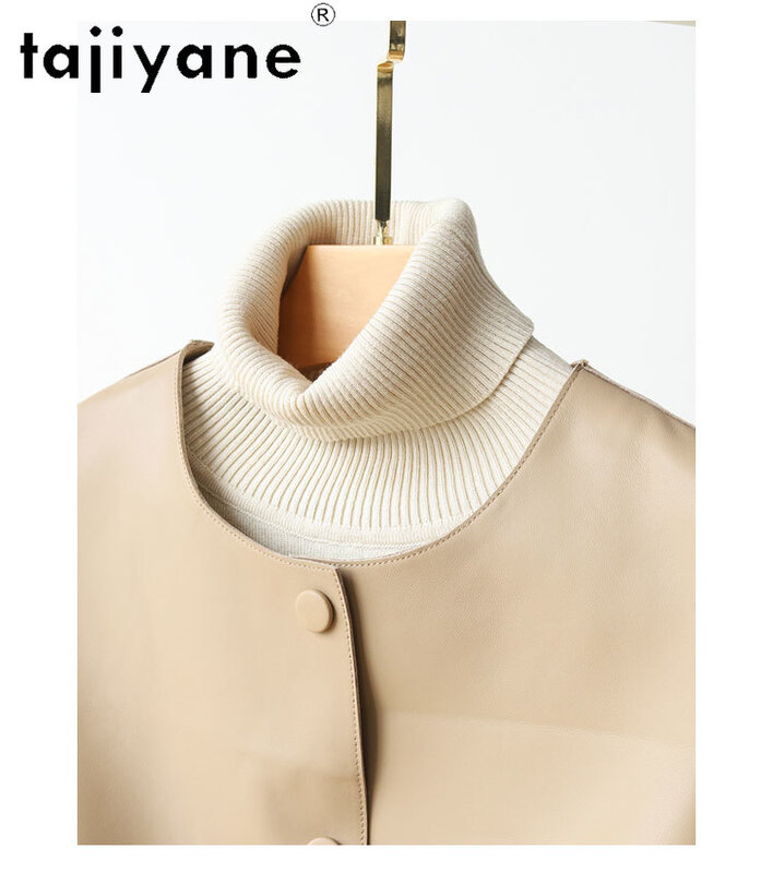 Tajiyane-女性のための本革のジャケット,シックなコート,ラウンドネック,本物のシープスキン,ルーズフィット,ファッショナブル,春と秋,100%,2024
