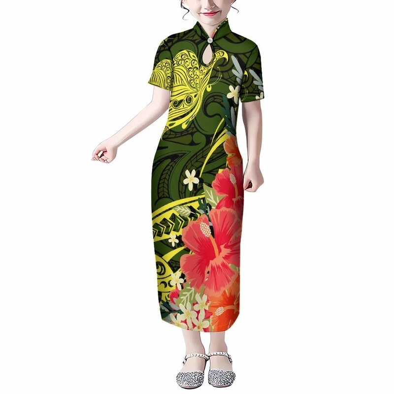 Vestido de manga curta feminino, saia longa para meninas, vestido floral com estampa polinésia personalizada, vestido elegante recortado, verão