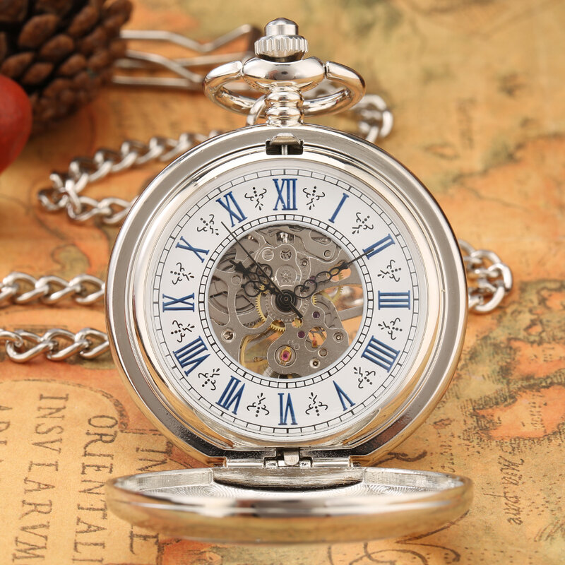 Modne niebieskie cyfry rzymskie tarcza kieszonkowa zegarki ręcznie nawijane srebrne mechaniczne zegarek kieszonkowy okrągły przezroczysta osłona wisiorek prezent
