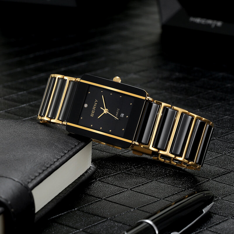 BERNY-Relógio de quartzo masculino, relógio de pulso retangular, preto e dourado, impermeável, calendário Diamon, moda casal, luxo, XV12