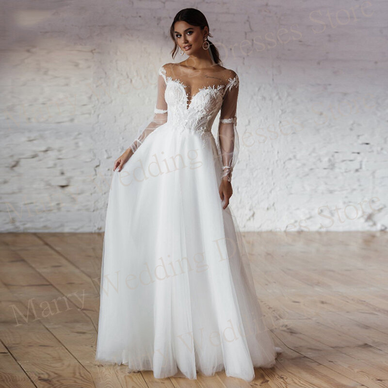 Женское свадебное платье с длинным рукавом, кружевное ТРАПЕЦИЕВИДНОЕ платье невесты с круглым вырезом и аппликацией, 2024