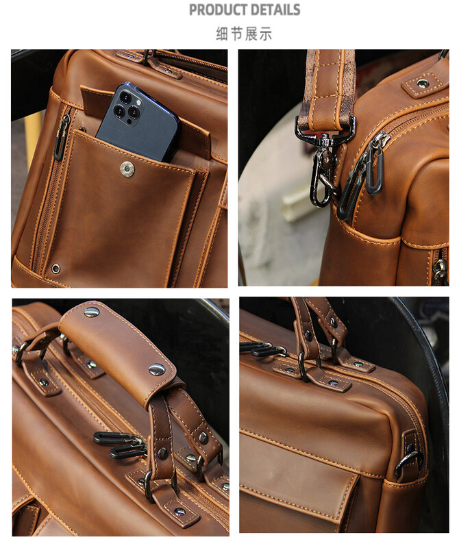 2024 Brown Vintage Men's Handbag Business Documents Brief Case 13-14" Laptop Bag Shoulder Office Handbag Messenger Bag