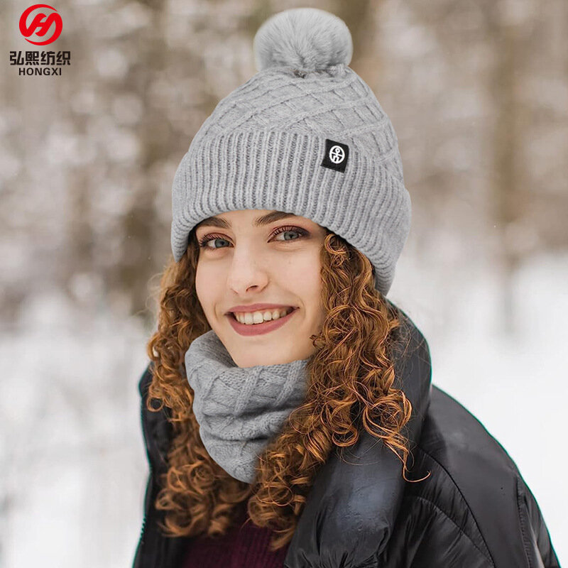 Hat Scarf Gloves three-piece Winter women's Padded Outdoor Warm Windproof Wool Ball Knit Hat three-piece Set Free Shipping