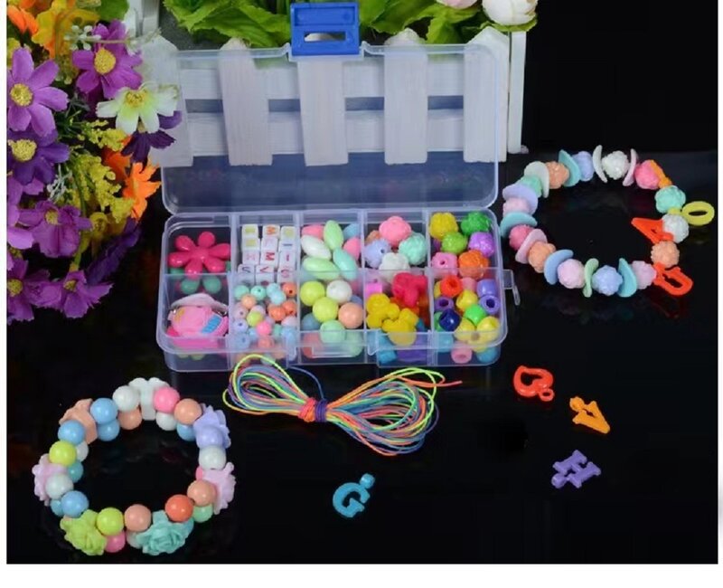 DIY mão frisada pulseira para crianças, embalagem caixa transparente, acrílico Beads Puzzle brinquedos, presente de aniversário