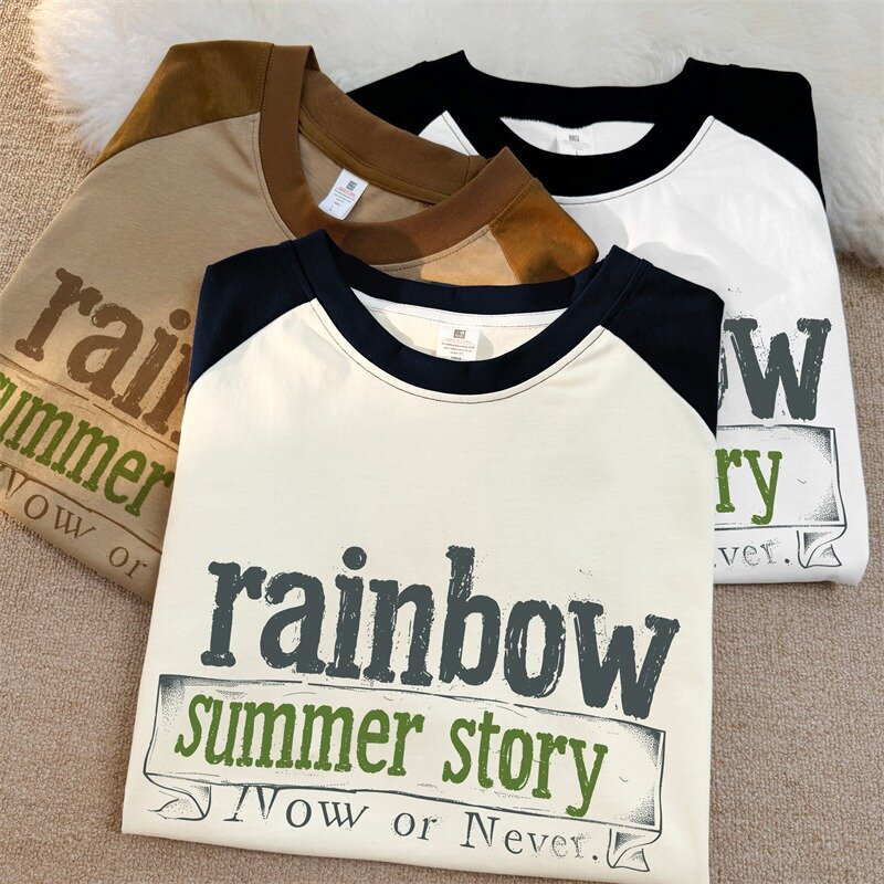 New Summer 2024 Couple New Cotton Raglan Round Neck Hot Stamped Print Short Sleeve Printed T-shirt