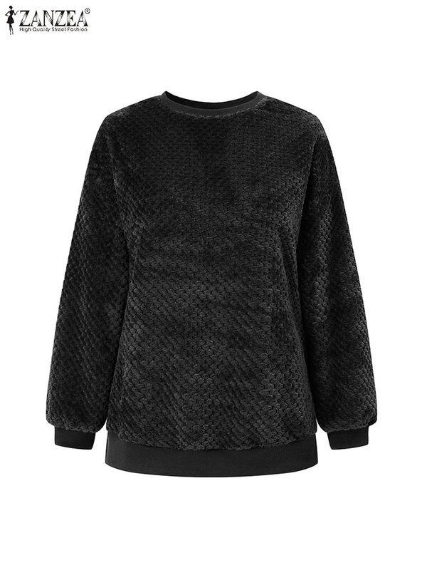Женский пуловер ZANZEA, однотонный пушистый топ с длинным рукавом, праздничный свитер с спущенными плечами, повседневные Черные толстовки оверсайз, весна 2024
