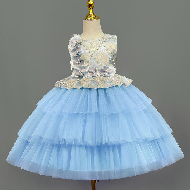 Vestito per bambini, vestito da principessa, nuovo vestito da torta soffice per ragazza floreale, vestito da spettacolo per pianoforte che ospita bambina