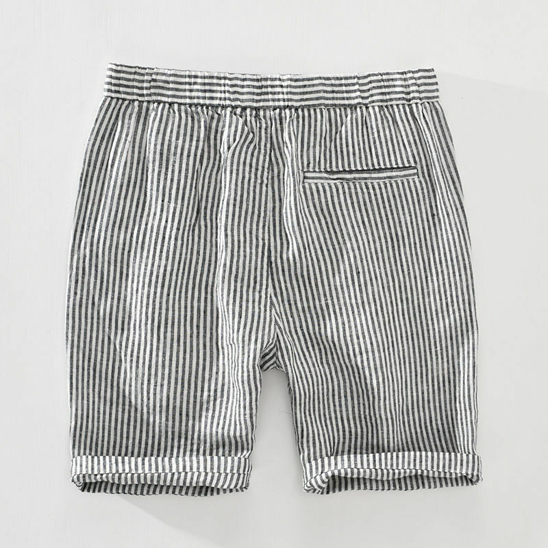 Pantalones cortos a rayas para hombre, Shorts informales de lino puro con cintura elástica y botones, estilo japonés, novedad de verano 2022