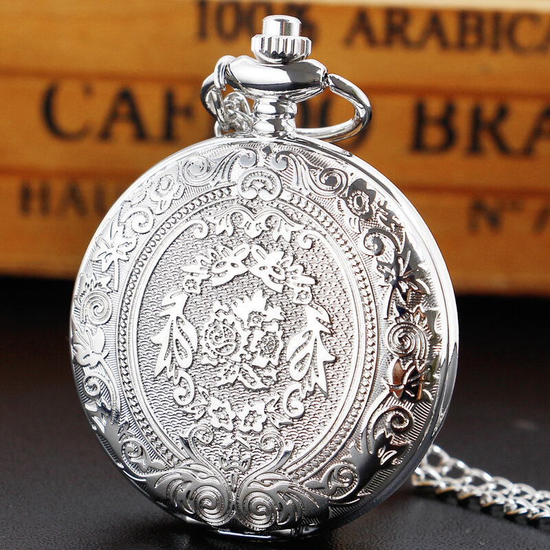 นาฬิกาควอตซ์โบราณคุณภาพสูงแกะสลักด้วยเงินสร้อยคอสำหรับผู้หญิงของขวัญสำหรับผู้ชาย reloj de bolsillo