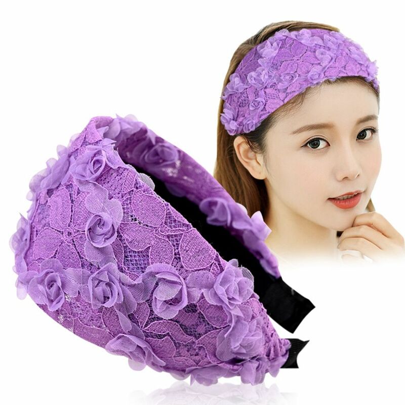 Bandana de flor de renda antiderrapante para mulheres, bandana fofa com equipamento, aro de cabelo de malha para meninas, hairbands coreanos, primavera