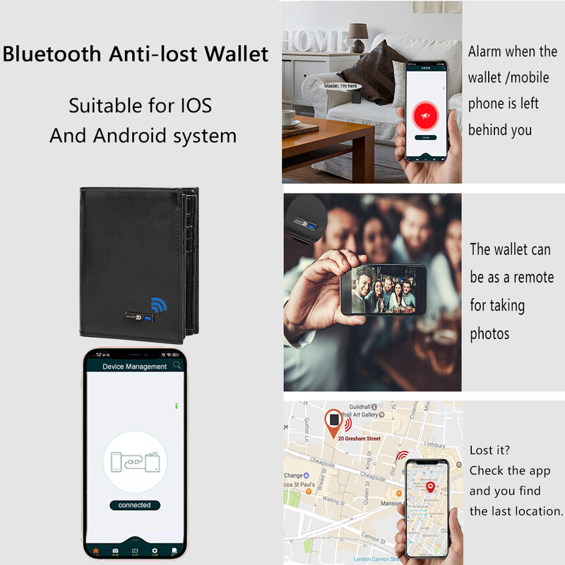 Smart bluetooth-carteira compatível anti-perdido couro genuíno dos homens carteiras titular do cartão carteira finder presentes livre gravura