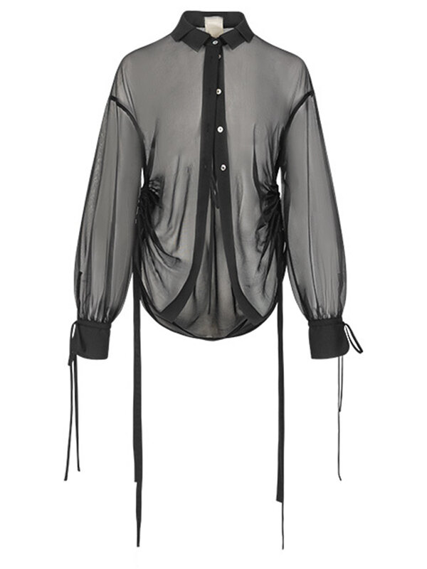 EAM-Blusa de manga comprida com perspectiva preta feminina, camisa de lapela com cordão, tamanho grande, maré da moda, primavera, verão, novo, 1DH5620, 2021