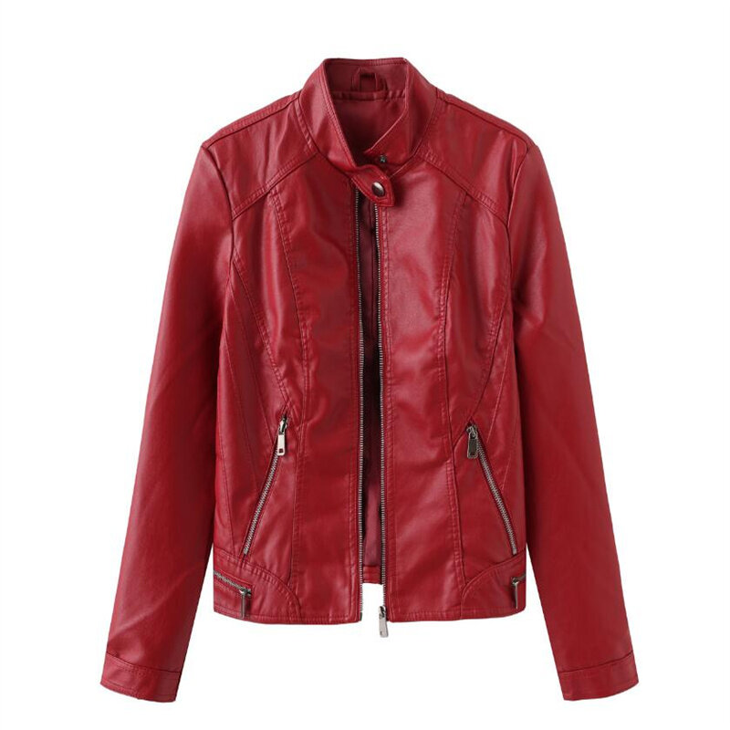Leather Jacket Female Autumn Long-sleeved Zipper Slim Fashion Biker Coat Imitation Leather Jacket Stand Collar Jacket