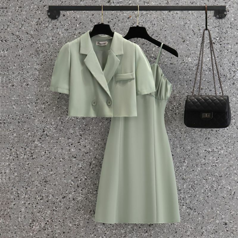 2023 sommer Neue Koreanische Große frauen Kleid Modische Kleine Anzug Sling Kleid Zwei Stück Elegante frauen Sling Kleid set