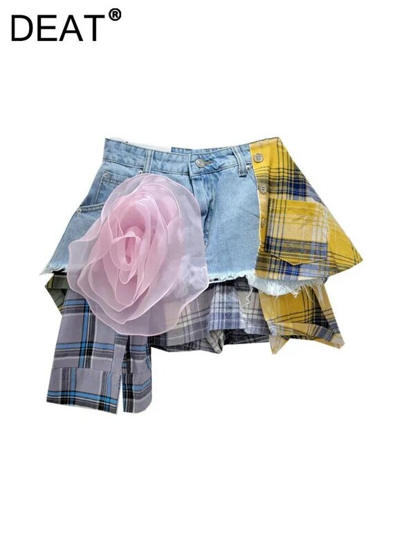 Женская клетчатая юбка DEAT, дизайнерская юбка с высокой талией и цветочным 3D-принтом, 11XX8965, лето 2024
