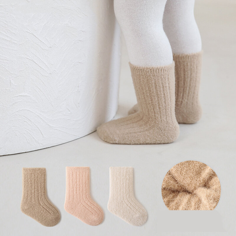 Criança's Velvet Yarn Mid Socks, macio, monocromático, bonito, outono, inverno, recém-nascido, infantil, meninos, meninas, crianças, novo, 0-8 anos