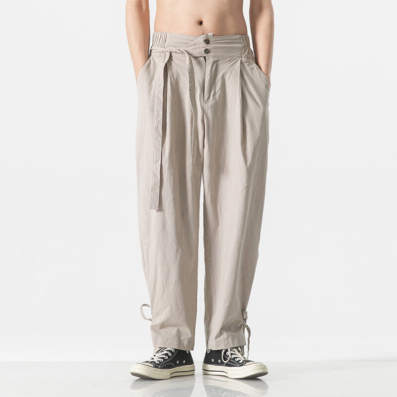 Pantaloni da uomo in lino di cotone oversize con pantaloni Haren solidi in vita elastica per uomo in stile cinese pantaloni Hanfu da uomo stile coppia