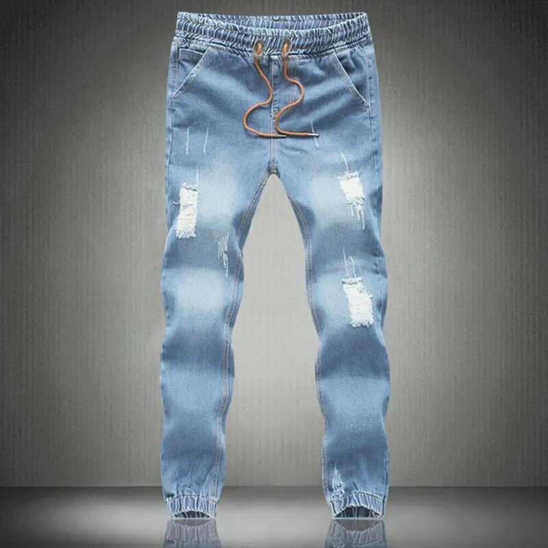 Pantalones vaqueros rasgados para hombre, Jeans ajustados a la moda, con cordón, hasta el tobillo, informales