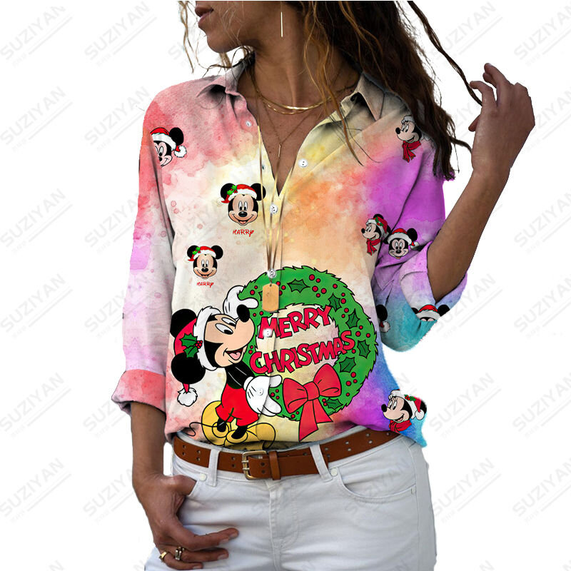 Disney-camisa polo manga comprida feminina, top cardigan de botão, impressão 3D, padrão dos desenhos animados, Mickey, Minnie, simples, tamanho grande, primavera, novo, 2023
