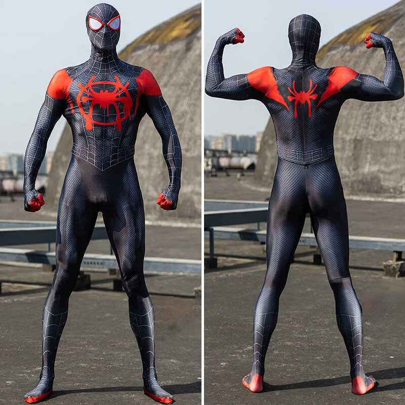 Miles Morales Spiderman Costume Mask Spider Man Miles Morales Cosplay Jumpsuit Bodysuit Halloween Costumes for Aldult Kids