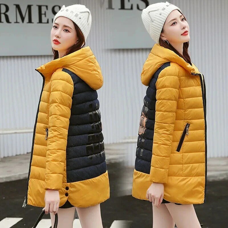 Новинка 2022, зимнее пуховое пальто из хлопка, Женская Корейская Модная приталенная Повседневная стеганая куртка, женские длинные теплые хлопковые куртки с капюшоном и принтом