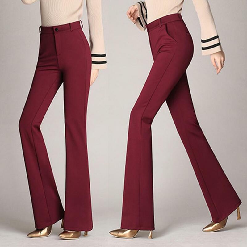 Calças femininas elegantes de cintura alta, calças justas de perna reta com bolsos, mosca com zíper, elegante terno sólido