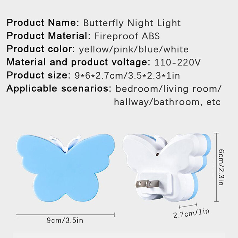 Miniluz LED de noche para dormitorio, lámpara de noche con enchufe europeo/estadounidense, con Sensor de anochecer a amanecer, mariposa para pasillo, escaleras, pasillo, 110V, 220V