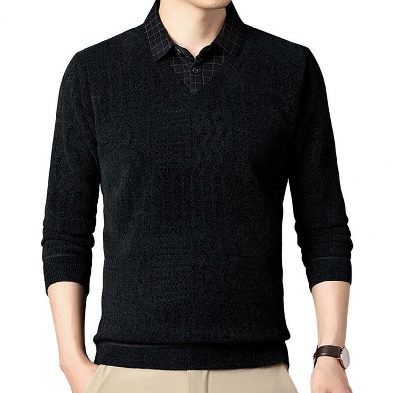 Suéter de felpa para hombre de mediana edad, suéter cálido con detalle de botón de solapa, Top de otoño e invierno